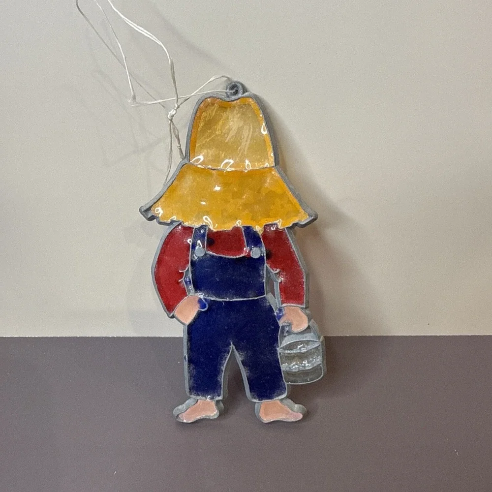 Vintage 80's Stained Glass Plastic Farm Boy Suncatcher